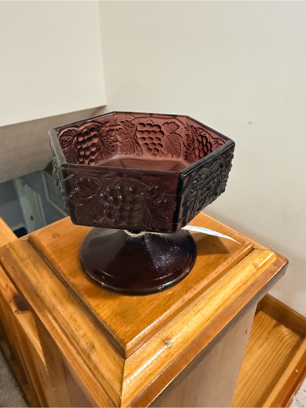 Hexagonal Purple/Burgandy Glass Pedestal Compote with Grape Relief